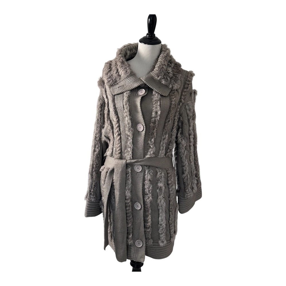 Bonnie Cool Women's Size-L Wool Long‎ Cardigan Cable Knit Gray Belted